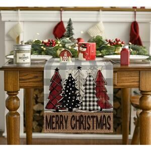 Plaid Xmas Trees Merry Christmas Table Runner, Seasonal Winter  13x108 Inch